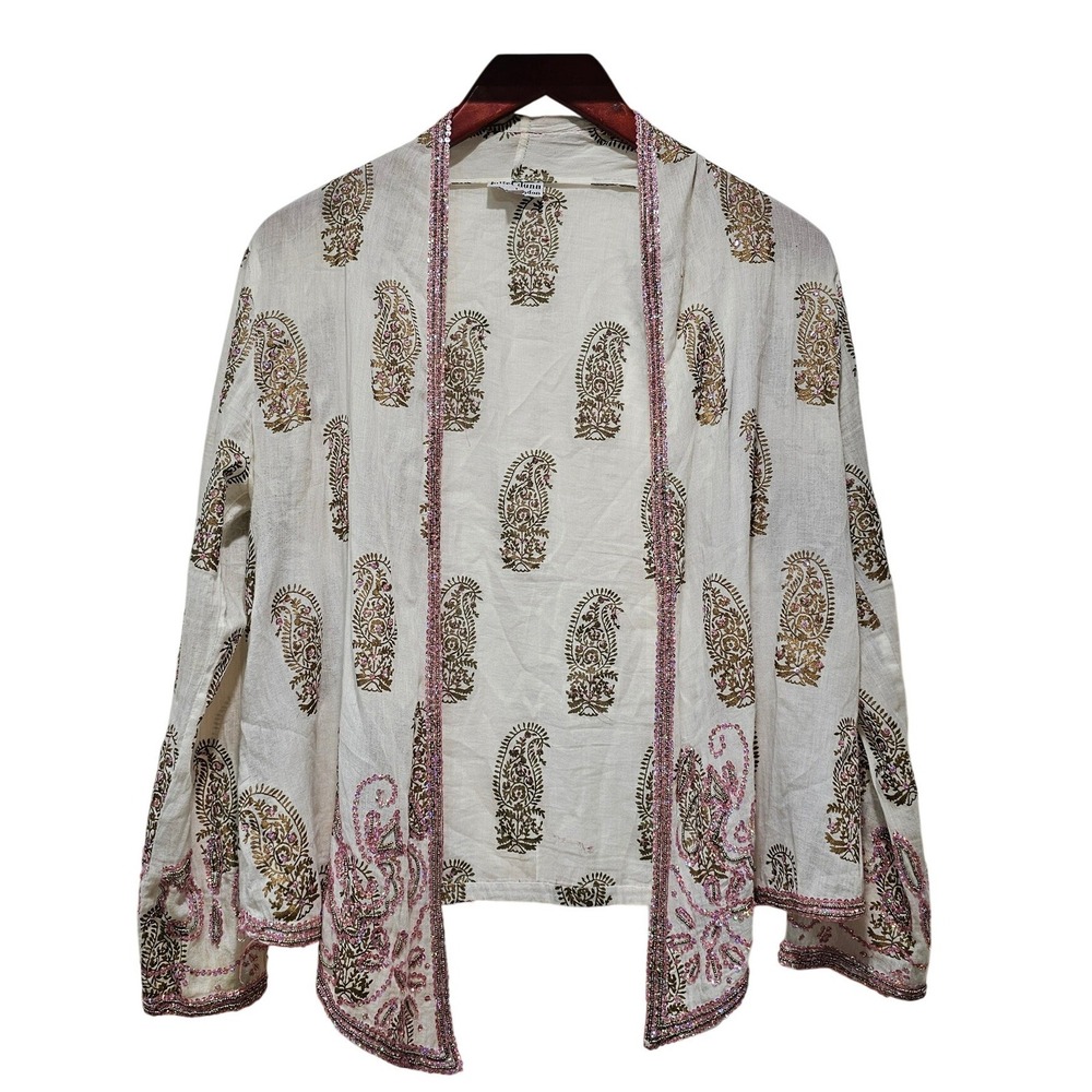 Juliet Dunn London Womens Open Front Top Cover Up OS Pink Sequin Paisley Cotton